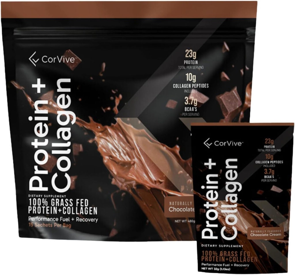 Protein + Collagen Powder | 23g Protein (Grass-Fed Whey + Collagen) | 3.7g BCAAs | 근육 및 관절 건강 지원 | 글루텐 & 콩 무료 | 인공 성분 | 15 Sachets - 초콜릿