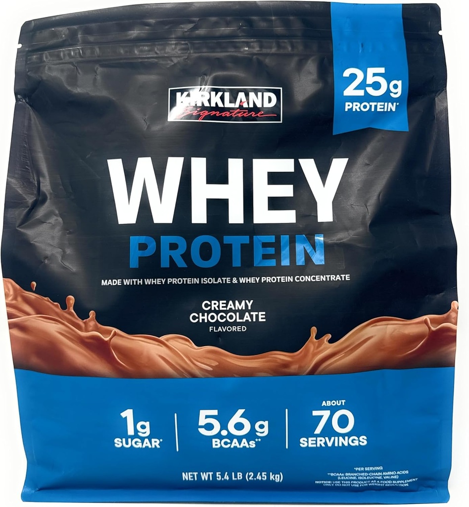 Kirkland Signature Whey 25g Protein, 1g sukker, 5,6g BCAA, omkring 70 Servere Creamy Chokolade Flavorted