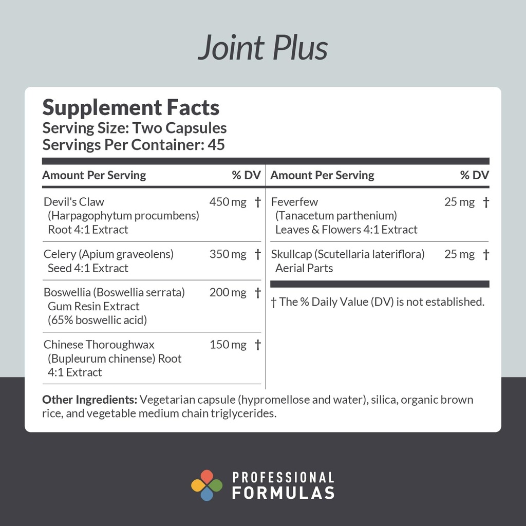 Profesjonelle Formler Joint Plus - Støtte for sunn fellesfunksjon, muskler og mobilitet med Devil's Claw, Boswellia, Feverfew & Skullcap - Vegetarisk, Glutenfri, Hypoallergenic, 90 kapsler