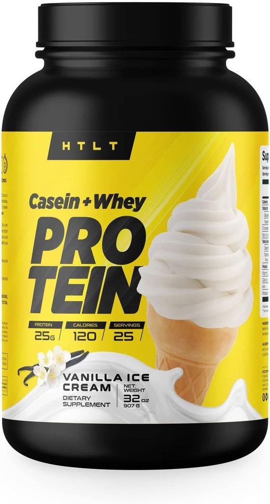Casein + Whey Protein by HTLT | Whey & Casein Protein Shake Powder | Ur gezako esne-gaztaina eta Casein Protein for Sustained Energy | Casein Protein Powder Baked Treats, Vanilla Ice Cream