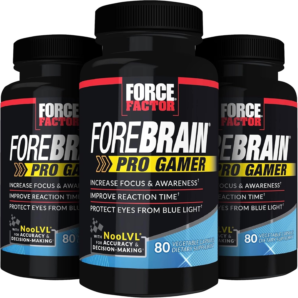 Force FACTOR Forebrain Pro Gamer Brain Booster, Gamer Supps pentru a crește concentrarea și conștientizarea, Lumina Albastră, Suplimentul de jocuri, Nootrop, 240 Capsule, 3-Pack, Negru