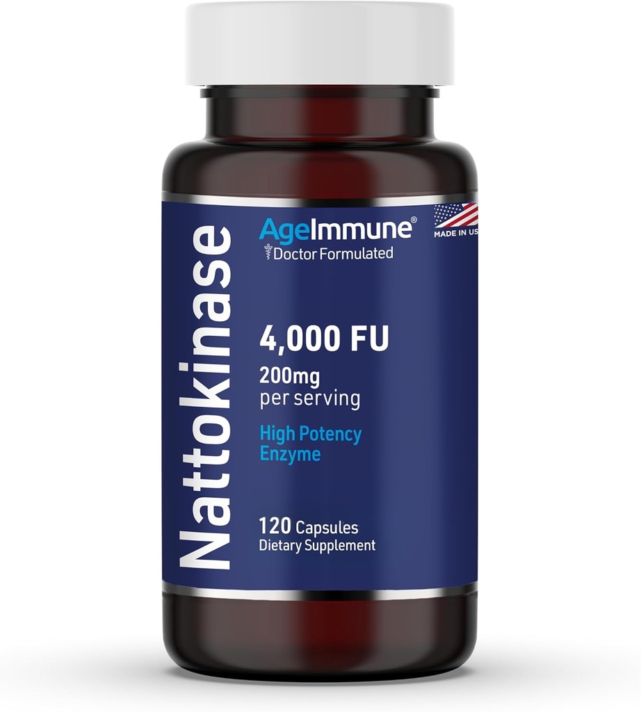 AgeImunique Nattoкиназа Допълнение 4000 FU 200mg - Enzyme - Сърдечносъдова поддръжка 120 капсули -Derived от японски Natto - Made in The USA Without Magnese Stearate.