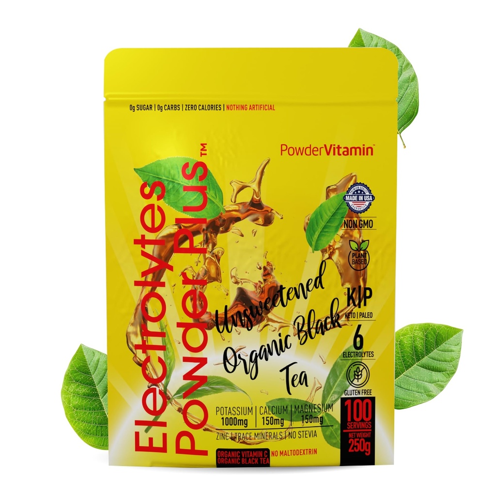 PowderVitamin Electrolytes Powder Plus, Sugar Free Hydration Powder 1000mg Potassium, 120mg Magnesium, 120mg Calcium, Himalayan Salt, Vit C & Zinc, USA Made, 550g, 100 Servings, Unsweetened, Black Tea