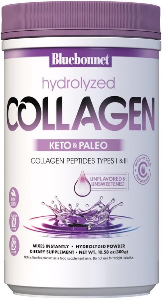BlueBonnet Nutrition Hidrolyzed Collagen Powder, Supports Hair, Skin, and Nails*, Soy-Free, Gluten-Free, Non-GMO, Grass-fed Cows, Pasture Raised, 10.58 oz, 25 Servings, Unflavored, Unsweetened