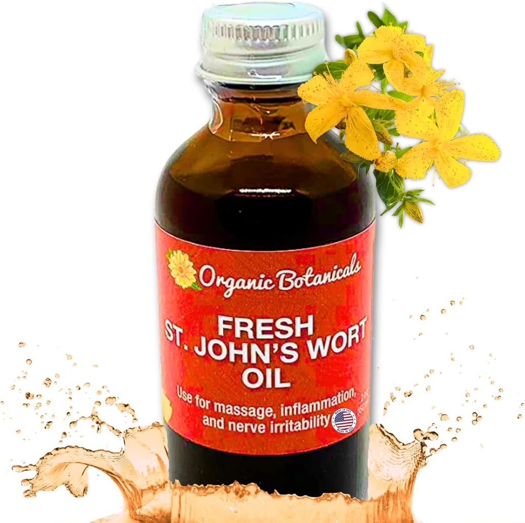 Em's Herbals Fresh St. John's Wort Oil - Wild Harvested in USA, Natural Solution for Nerve Discomfort, Skin Eruptions, Wound Care, Scar, and Stretch Marks - Skin, Face, Body, Hair, Massage Oil (2 Oz)