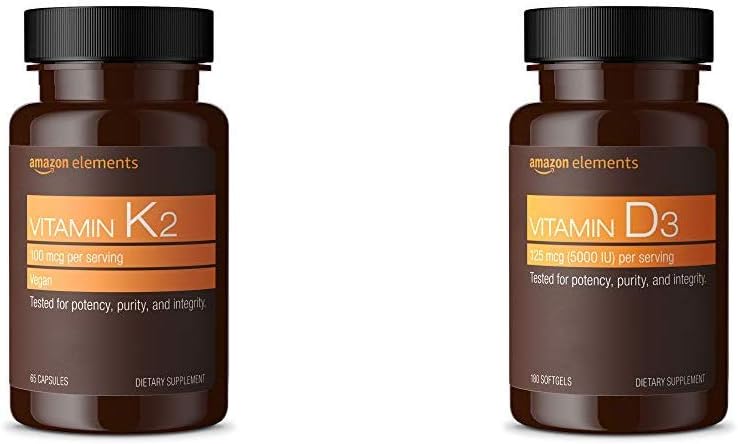 Elementos de vitamina K2 (100 mcg, 65 cápsulas) e vitamina D3 (5000 IU, 180 Softgels)
