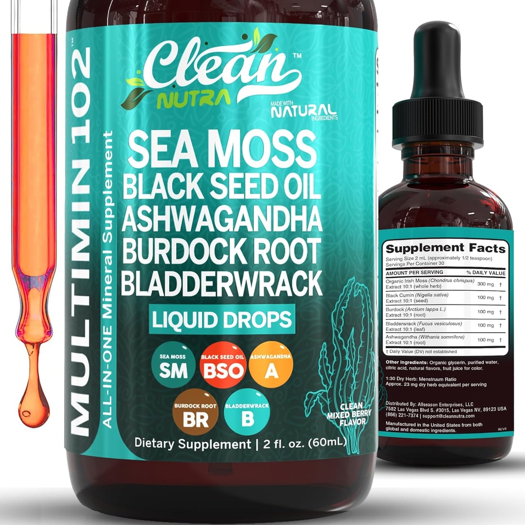 Clean Nutra Organic Sea Mos drops supplement | Black Seed Oil Irish Seamos Ashwagandha Burdock Root " Bladderwrack - Multimineral Liquid Vegan for Gut Heath Energy Skin Immune Support " Hair