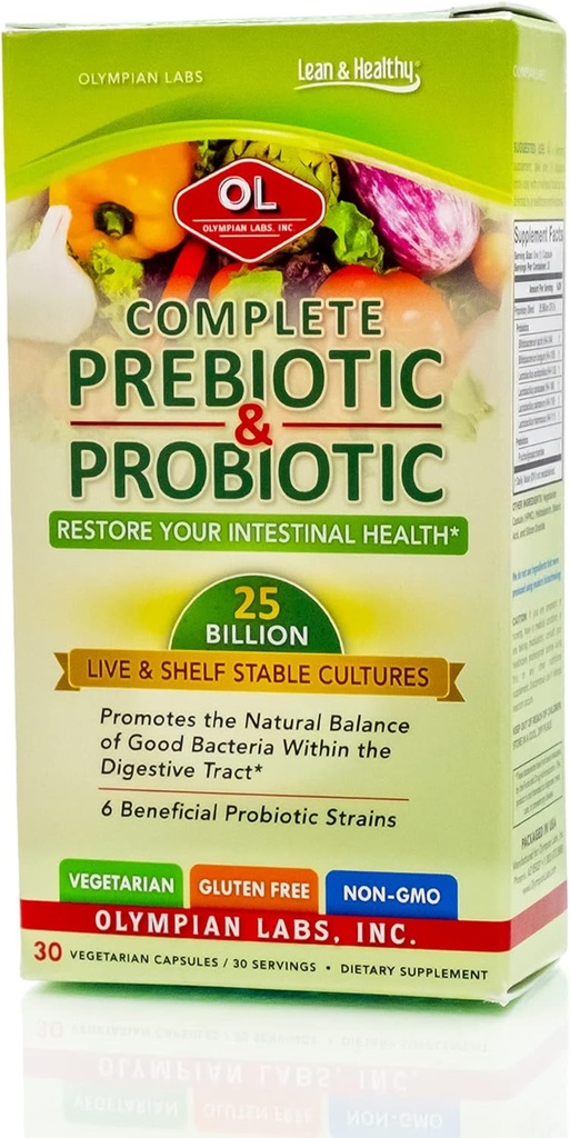 Olympian Labs Complete Prebiotic and Probiotic Supplement - 25 Billion Live Shelf Stable Cultures - 30 Vegetarian Capsules, Helps Restore The Natural Balance Within The Digestive Tract.
