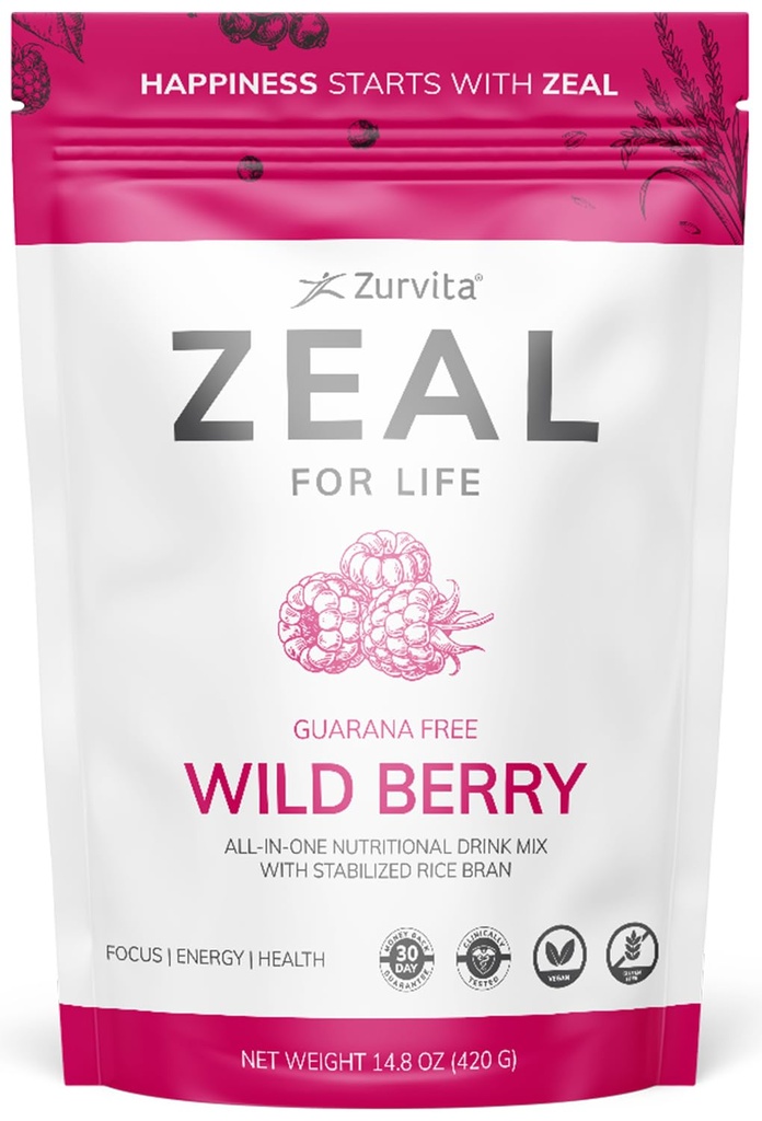 Zurvita - Zeal for Life 30-Day Wellness Bag - Wild Berry (Guarana Free) - Nutritional Supplement for Vitality, Immunity, and Wellness - 420 Grams