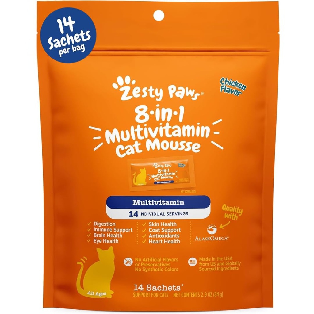 Zesty Paws 8-in-1 Cat Vitamins Mousse - Chicken, 14 Ct