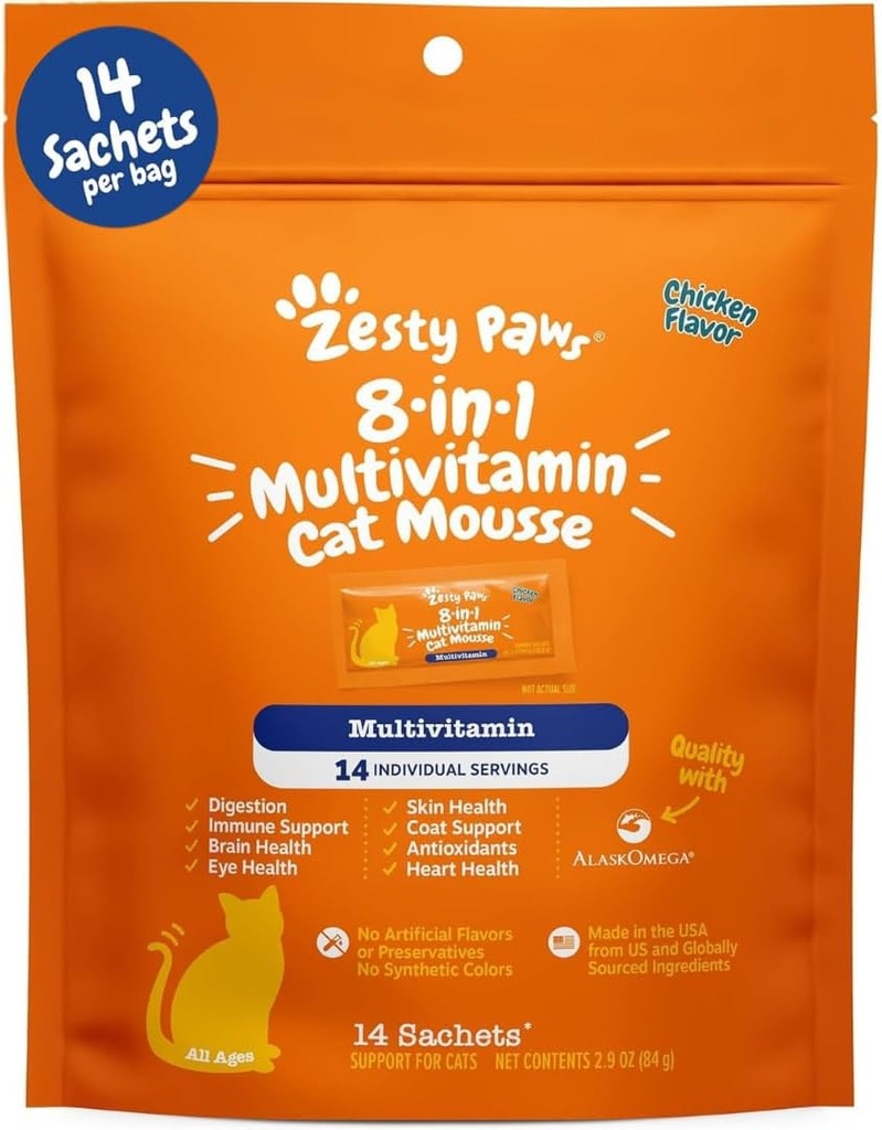 Zesty Paws 8-in-1 Multivitaminas Cat Vitaminas & Suplementos Mousse - Cat Vitaminas para gatos internos - Squeeze saudable para Gut, Immune, Corazón, Skin & Coat Support - Polo 14ct