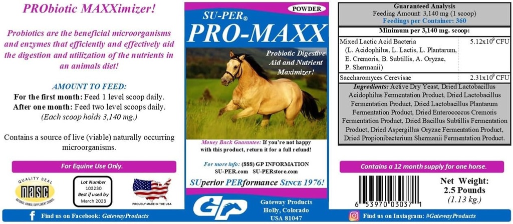 SU-PER Pro-Maxx пробиотици за коне - Equine Digestive Aid и Nutrient Maximizer - Поддържа правилното здраве и микробиален баланс - 2.5 паунда, (2 пакет)