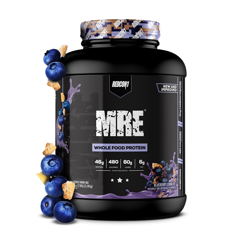 REDCON1 MRE Whole Food Protein Powder, Blueberry Cobbler - Meal Replacement Made with Animal and Plant Based Protein Sources, Nutrient and Calorie Dense, 0g Added Sugar (24 Servings)
