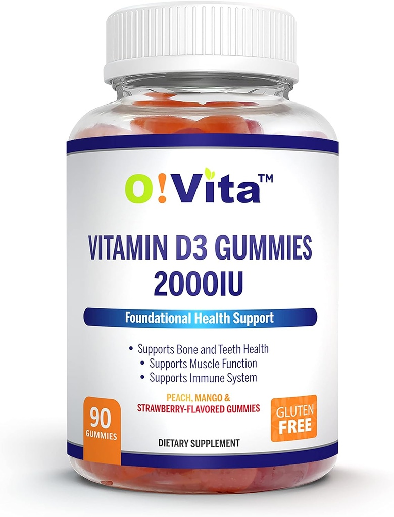 Vitamine D3 Gummies 2000IU, 90 Non-GMO, Vegan, en Drie Heerlijk Gearomatiseerde Gummy's, 45-Day Supply