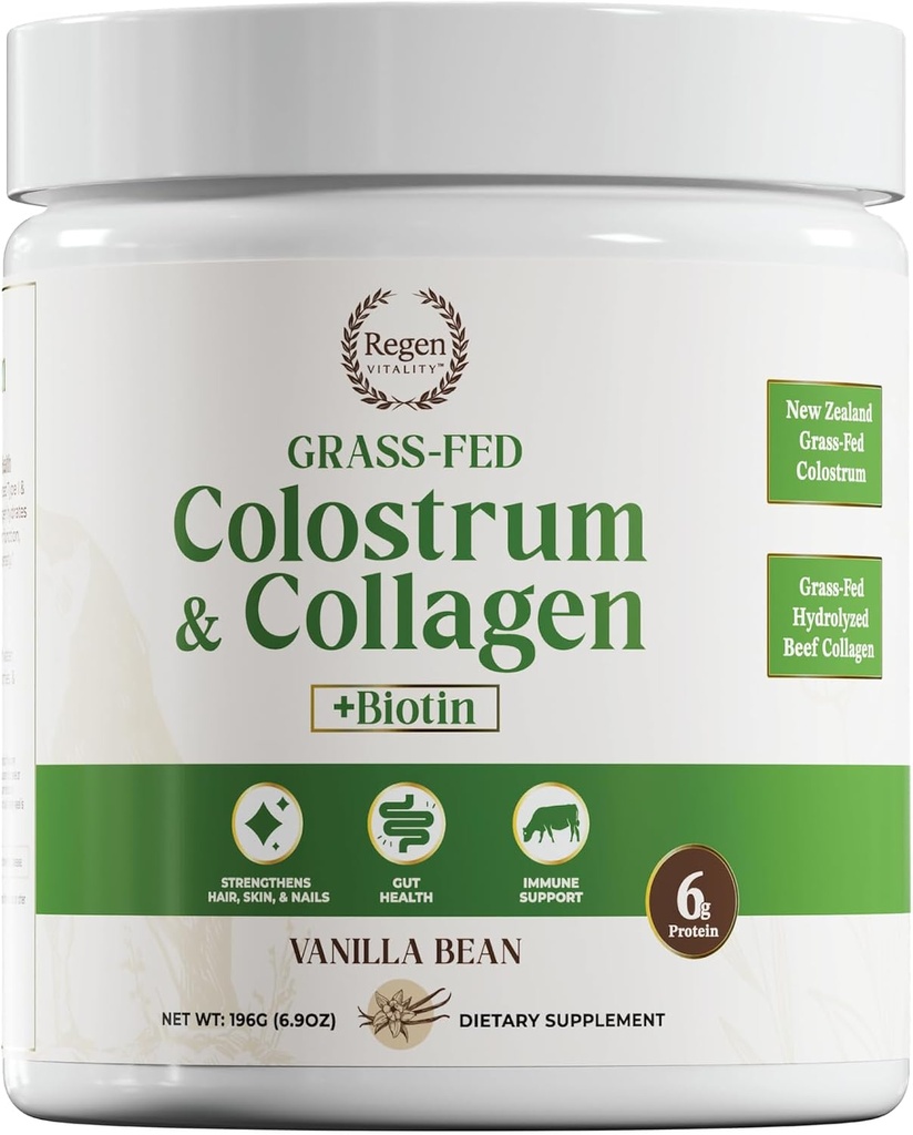 Gras-Fed Colostrum & Collagen Powder | Gut Gesundheit, Haar, Haut & Gelenk Unterstützung | Neuseeland Bovine Colostrum, hydrolysierte Collagen Peptide, 300mcg Biotin | Vanilla Bean | 28 Servierungen