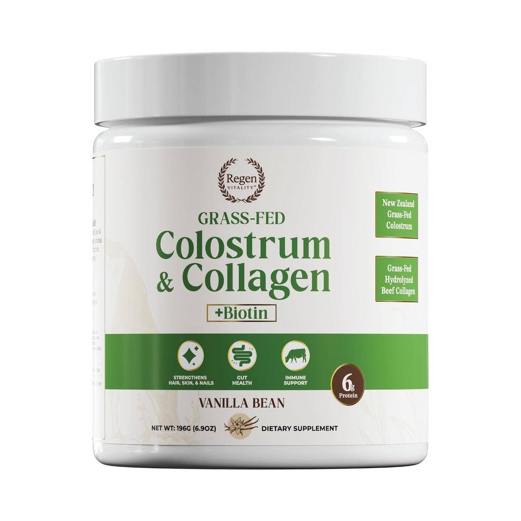 Grass-Fed Colostrum & Collagen Powder | Gut Health, Hair, Skin & Joint Support | New Zealand Bovine Colostrum, Hydrolyzed Collagen Peptides, 300mcg Biotin | Vanilla Bean | 28 Servings