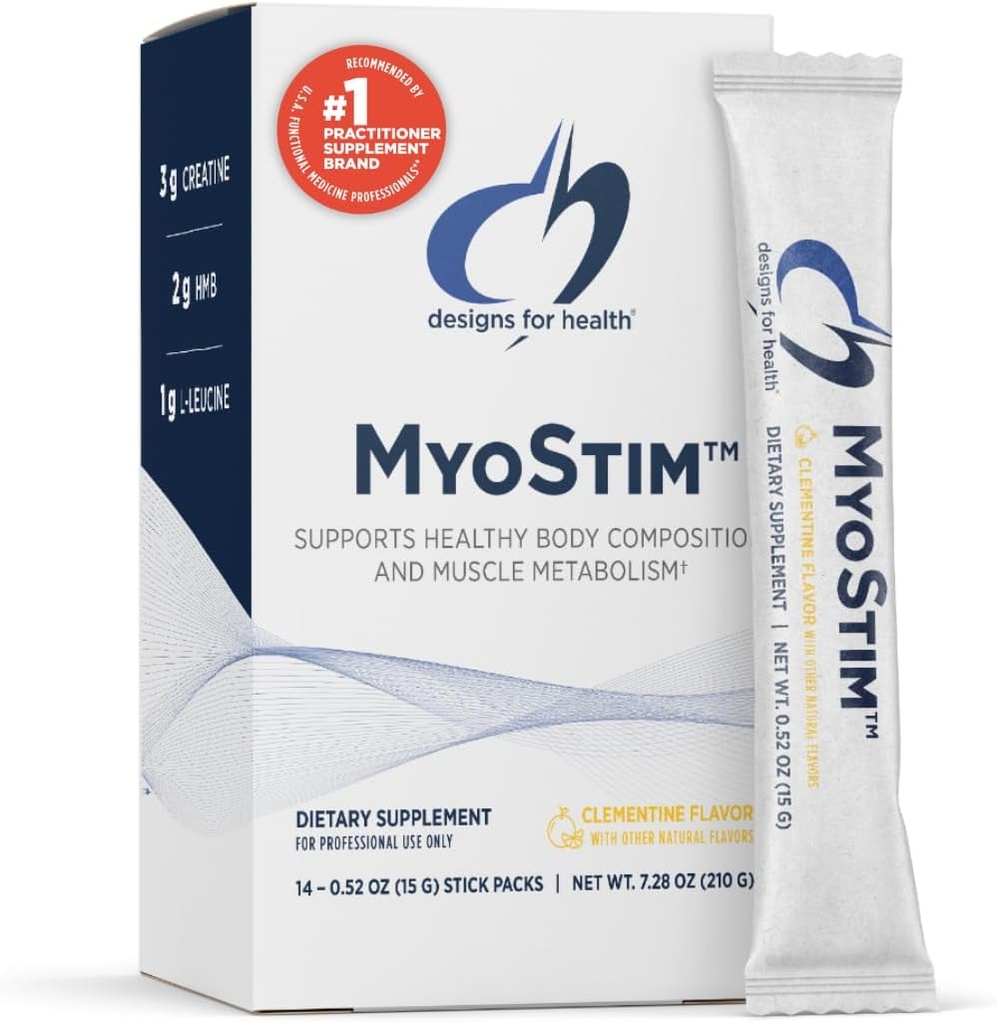 Designs for Health MyoStim - HMB + Collageen Peptides Powder with L-Leucine + Creatine to Support Healthy Aging - Kan helpen verminderen Leeftijd-gerelateerde spierverlies - Clementine-Flavored Drink (14 Stick Packs)