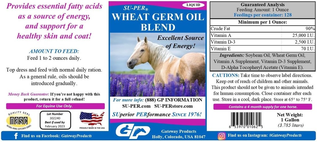 SU-PER Wheat Germ Oil Blend for Horses - Supports Energy, Endurance, Stamina, Healthy Skin and Coat - Essential Fatty Acids, Vitamins and Minerals - 1 Gallon, 4 Month Supply