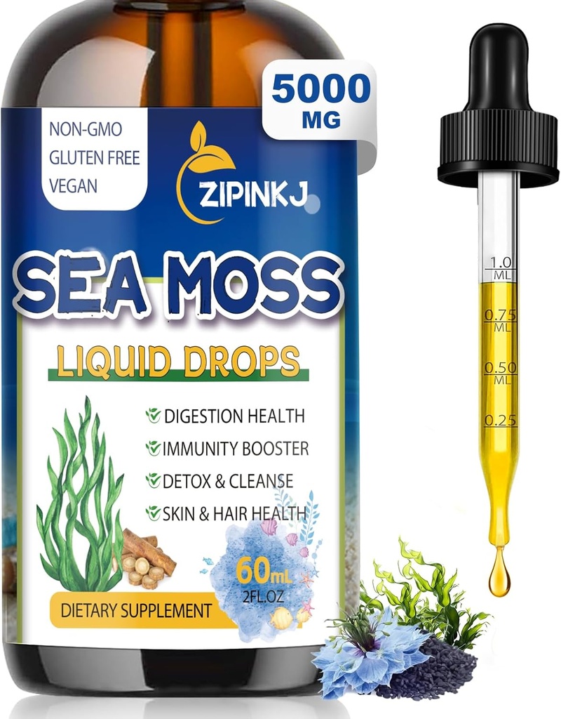 Sea Moss Drops, Irish Liquid Sea Moss Gel Supplement con olio di semi neri, Shilajit, Elderberry, Burdock Root, Spirulina, Bladderwrack for Digestion Health, Non-GMO, 2 Fl Oz