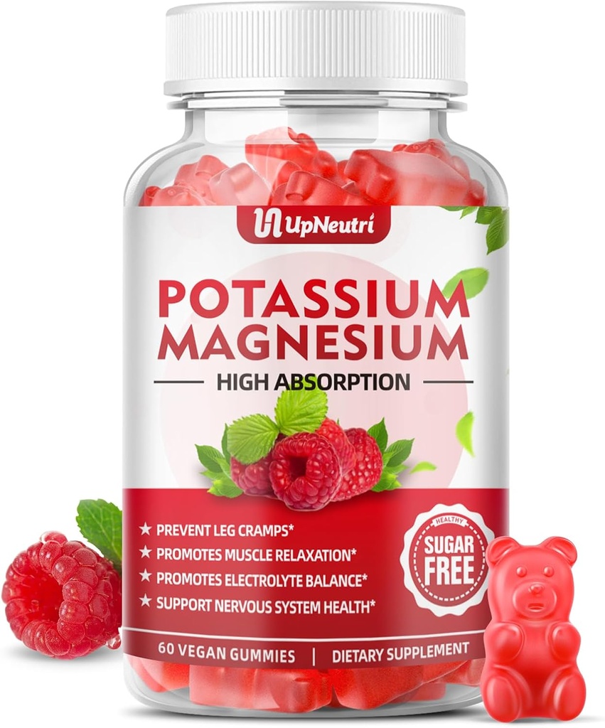 Kalium Magnesium Supplement Gummies för vuxna barn, sockerfri kalium Citrate Gummies stöder Leg Cramps & Muscle & Heart Health, Vegan Magnesium Glycinate Gummies Raspberry Flavor 60 Cts