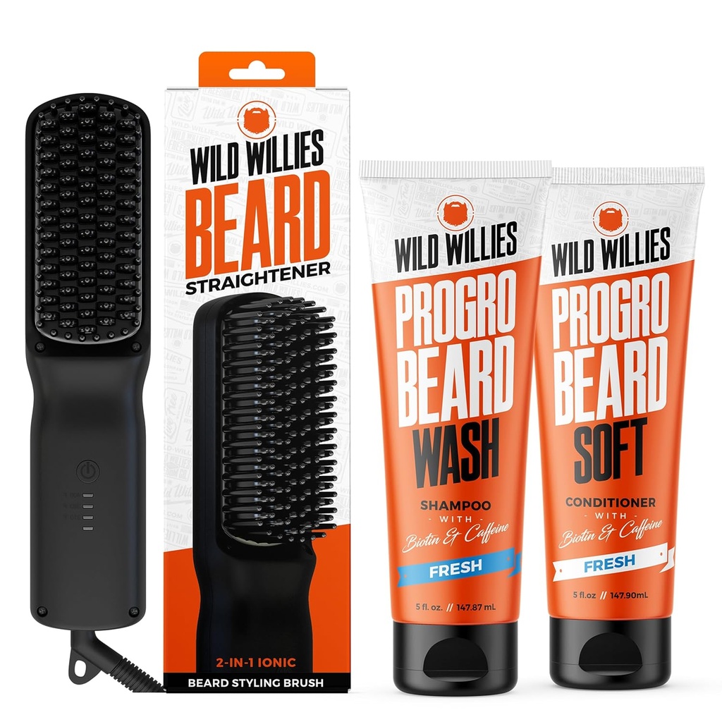 Wild Willies Beard Grooming Kit - Barbă Îndreptare pentru bărbați, PROGRO - Fortificat cu Biotin & Cafeina pentru creșterea părului, spălare, hidratare - Ionic 2-in-1 Perie de grăsime Comb, Made in USA