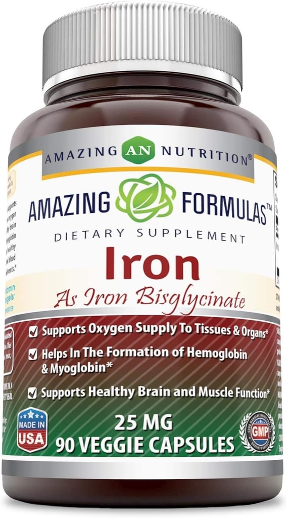 Amazing Formulas Iron Bisglycinate 25 Mg Veggie Capsules (Non- GMO, Gluten Free) - Menyediakan Suppply Oksigen ke Tissuls & Organs- Membantu Pembentukan Hemoglibi & Myoglobin. (90 Vevgie Capsules)
