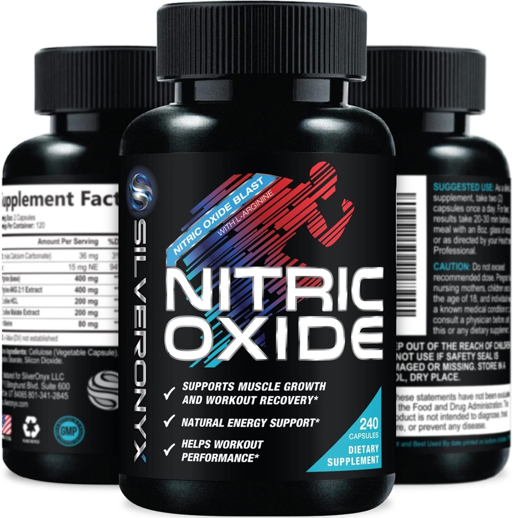 Extra sterkte Nitric Oxide Supplement 3X Sterkte L Arginine, Citrulline Malate, AAKG, Beta Alanine - Premium Muscle Supporting Nitric Booster - Natural Energy & Heart Health Support - 240 capsules