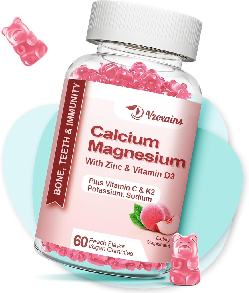 Haute absorption Gommies de calcium, sans sucre Gommies de zinc de magnésium de calcium avec vitamine D3 pour les hommes et les femmes, aromatisé pêche 60 Cts