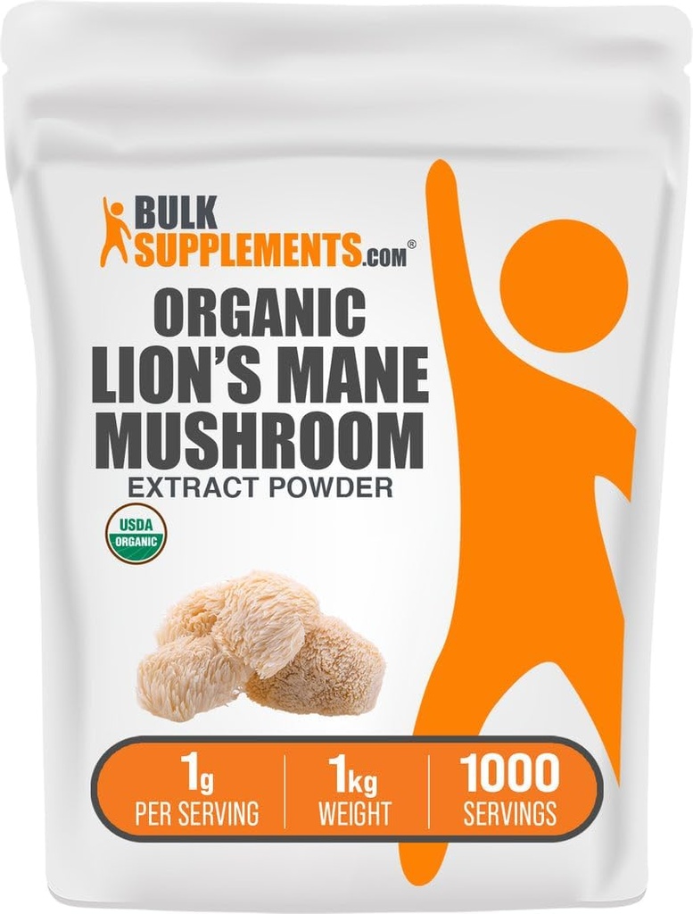 BulkSupplements.com Organic Lion's Mane Mushroom Extract Powder - Lions Mane Supplement Powder, Superfood for Well-Being - Vegan, 1g per servering, 1kg (2,2 lbs) (Pack of 1)