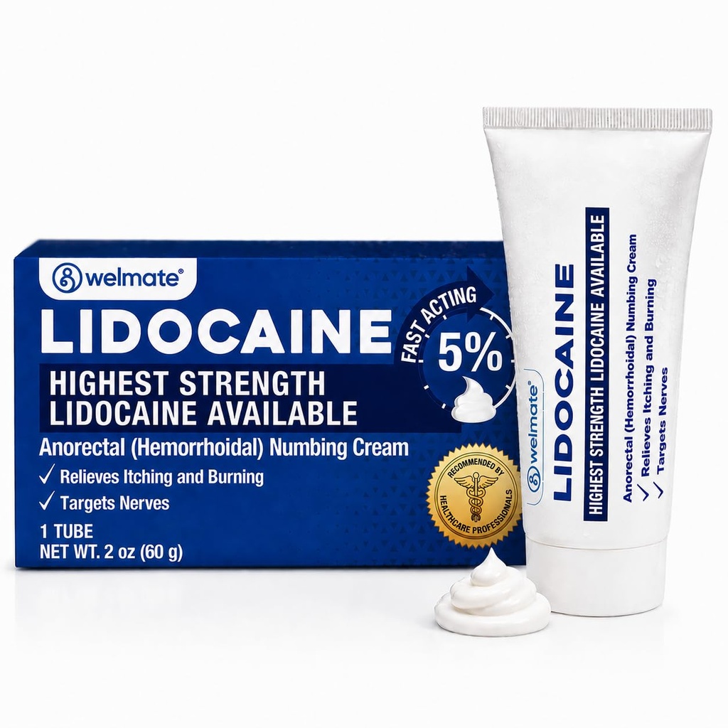WELMATE 5% Lidocaine Hemorrhoid Cream Maximum Strength, Fast-Acting Numbing Cream for Anorectal Pain Relief, Non-Greasy, Unscented, for Sensitive Skin, Child-Resistant Packaging, 2 oz (60g)