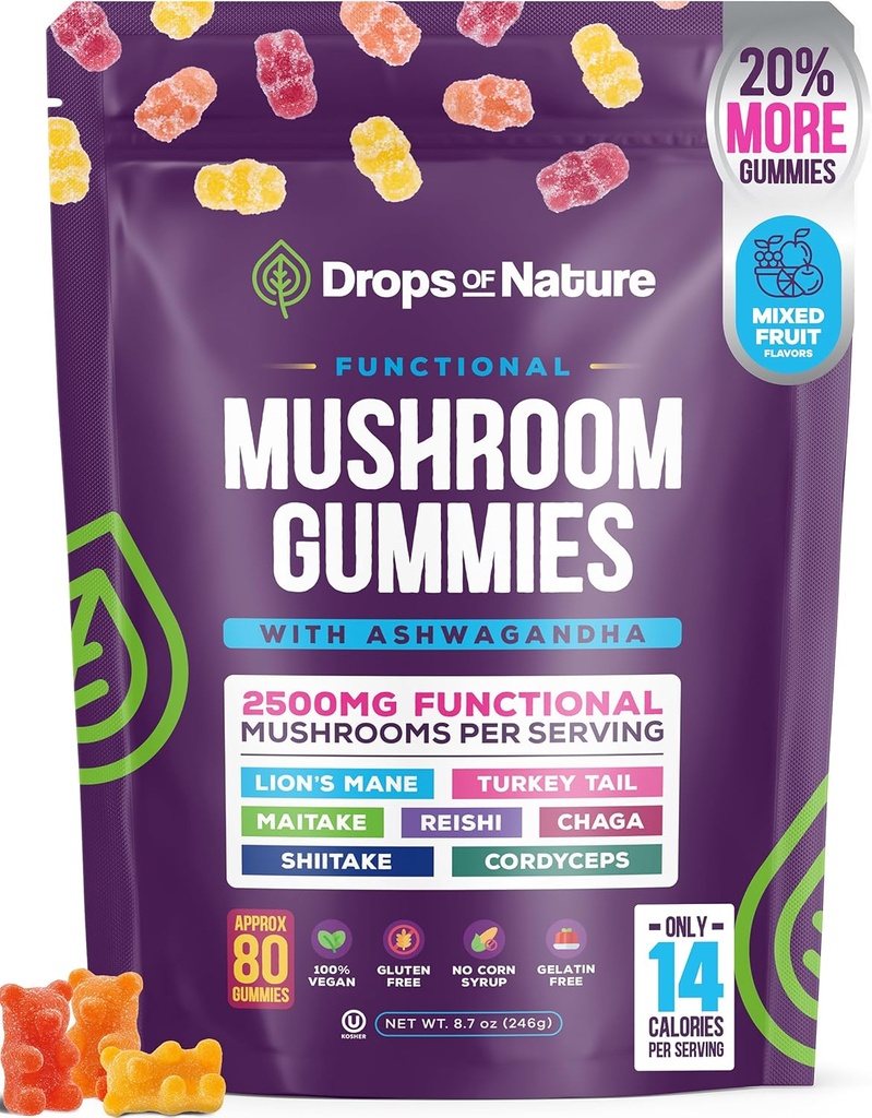 Ashwagandha Gummies ja Lions Mane Seene Gummies Supplement - Organic - Reishi, Cordyceps, Türgi Sail, Maitake, Shitake, Chaga - Immune Defense, Suurendab kognitiivset jõudlust, Vegan, Low Carb