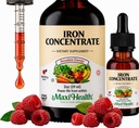 Maxi Health High Potency Liquid Iron Concentrate – Gentle Iron Supplement for Women Men & Children – Berry Flavored, Fast-Acting, Gentle on Stomach, No Constipation, Non-GMO, Kosher (2 fl oz)