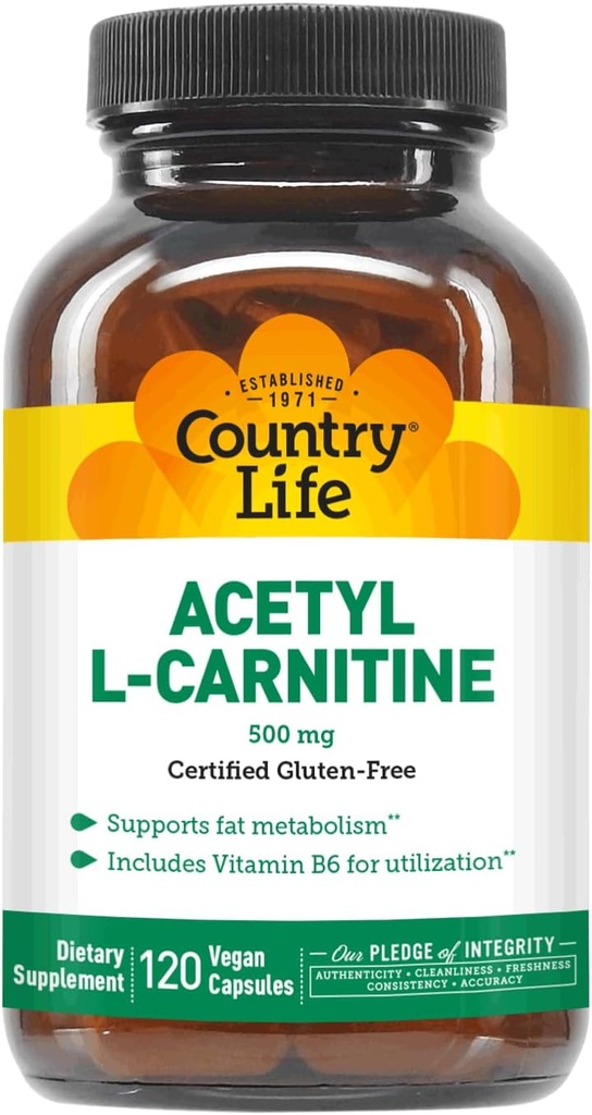 País Vida Acetil L-Carnitina, 500 mg, amb B-6 - 120 Vegan Capsules