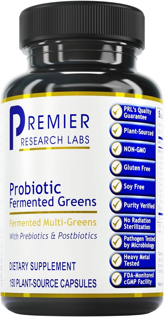 Premier Research Labs Probiotic Fermented Greens - Super Greens Addition, Superfood Blend, Органични Витамини с пробиотик - Daily Greens със спанак, хлорела, и повече - 150 на прах Пълнени капсули