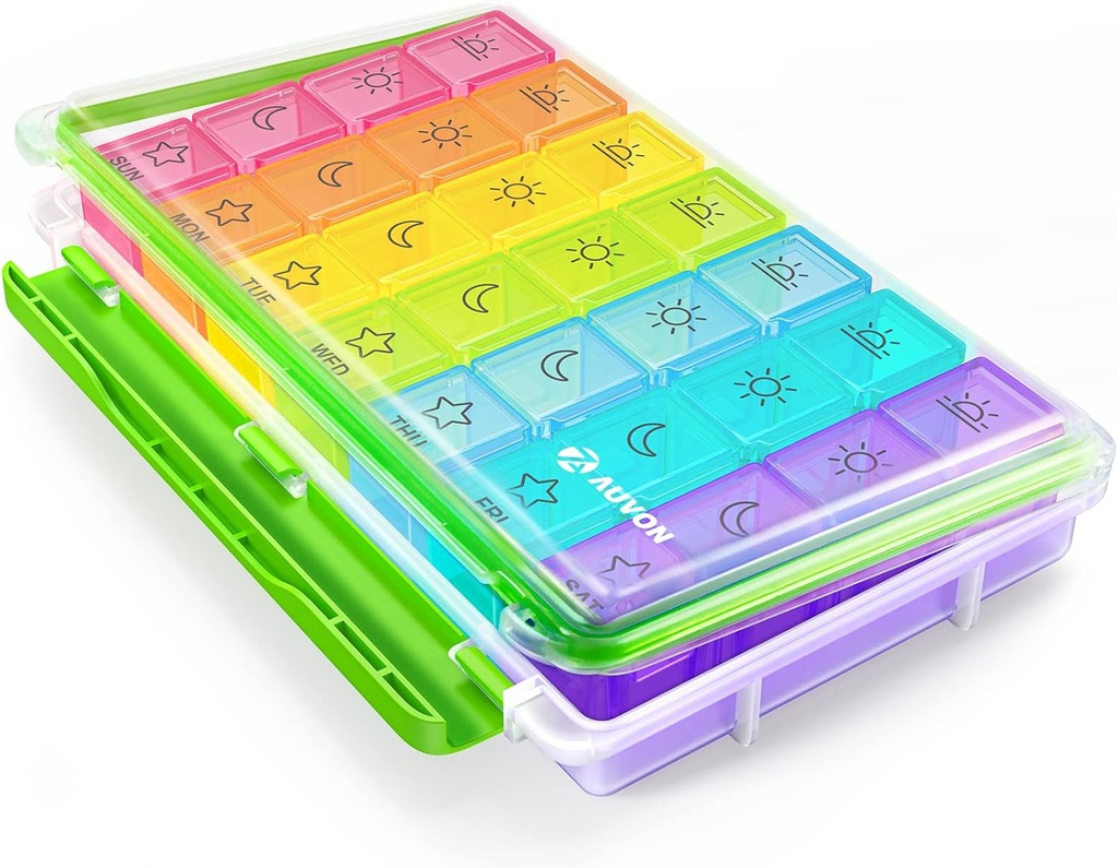 AUVON iMedassist Vocht-Proof Weekly pil Organizer 4 keer per dag, grote 7 dagen pil doos met Portable Design voor reizen, verwijderbare individuele containers Houd vitamines, supplementen, medicijnen