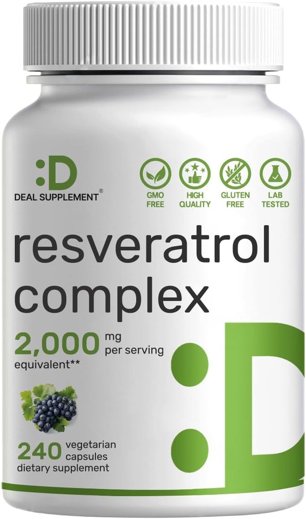 Resveratrol Complex 2.000mg, 240 Cápsulas Veggie – Trans-resveratrol de força extra com NAD, Quercetin, Curcumin, Sementes de uva e mais – Antioxidante de envelhecimento saudável para energia e suporte cerebral