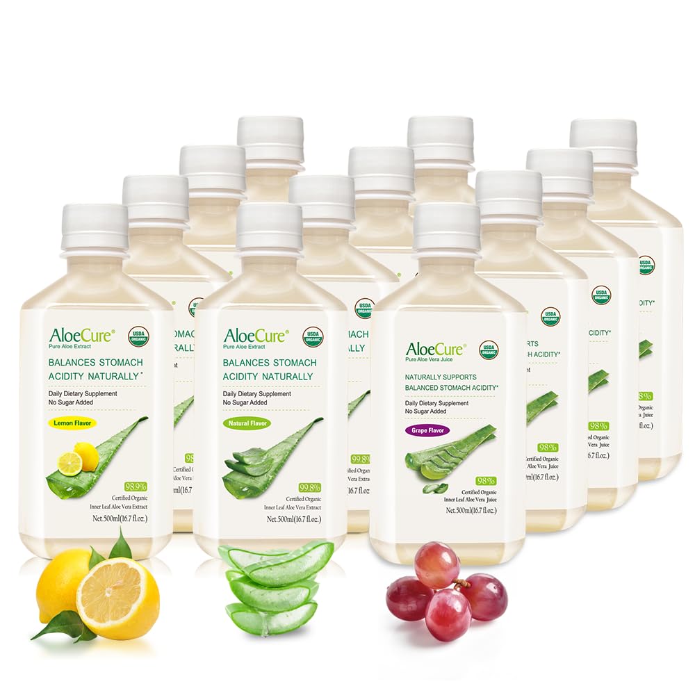 AloeCure Organic Aloe Vera Juice - 12 üveg minta csomag - Grape, Lemon, Natural Flavor, 12x500ml