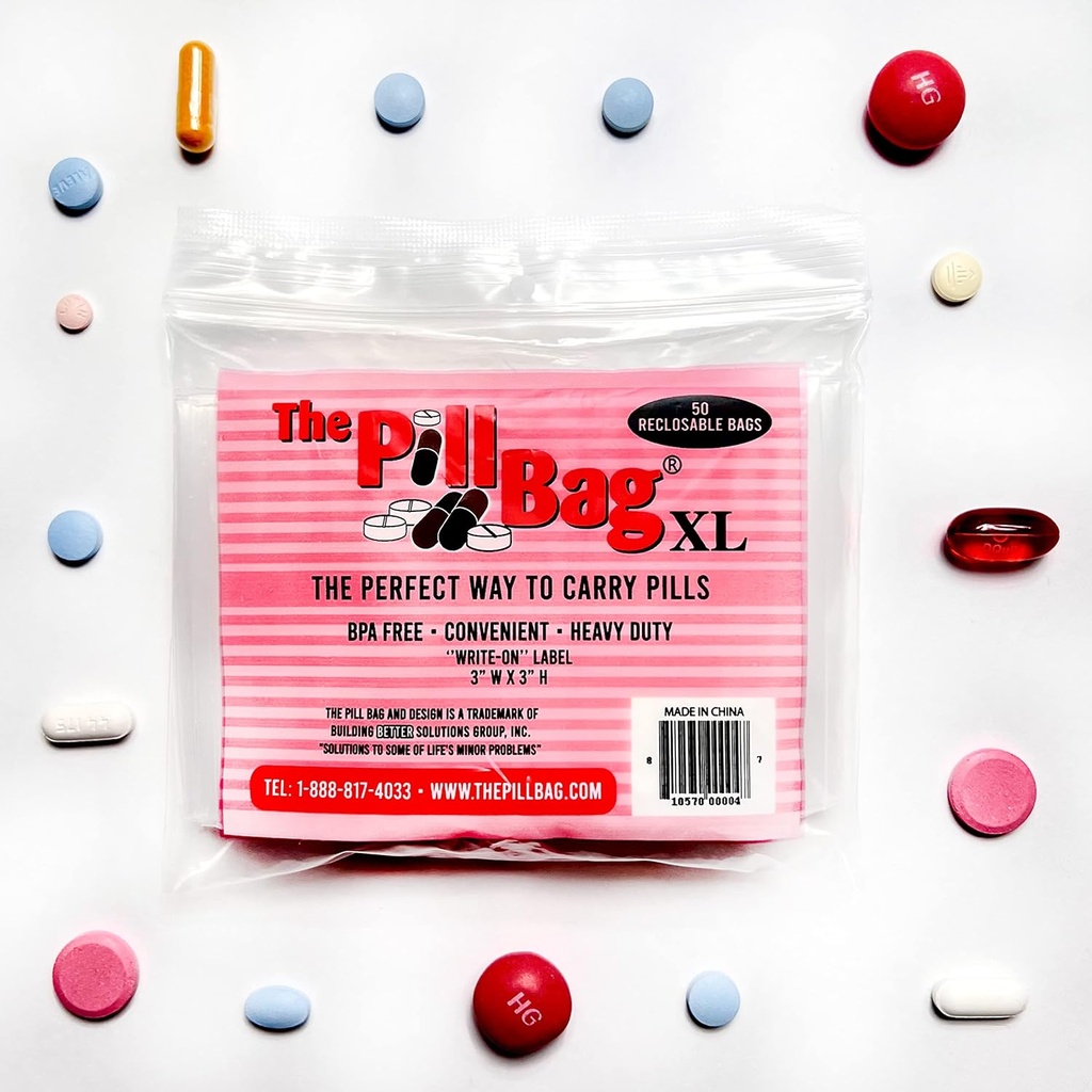 Organitzador de Pill, etiquetes per a AM/PM, Resealable, Portable, Disposables Pouchs per a la medicina, vitamines, Gumptes, Plastical Pills per a viatjar, Walks XL Mida de l'XL, Count (25 paquets de 50)