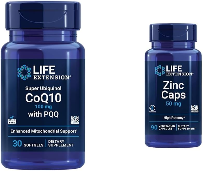 Life Extension Super Ubiquinol CoQ10 עם PQQQ, CoQ10, PQQQ, shilajit, Heart Health & Zinc Caps, אבץ 50 מ"ג, אבץ ציטראט, תמיכה ההגנה של הגוף