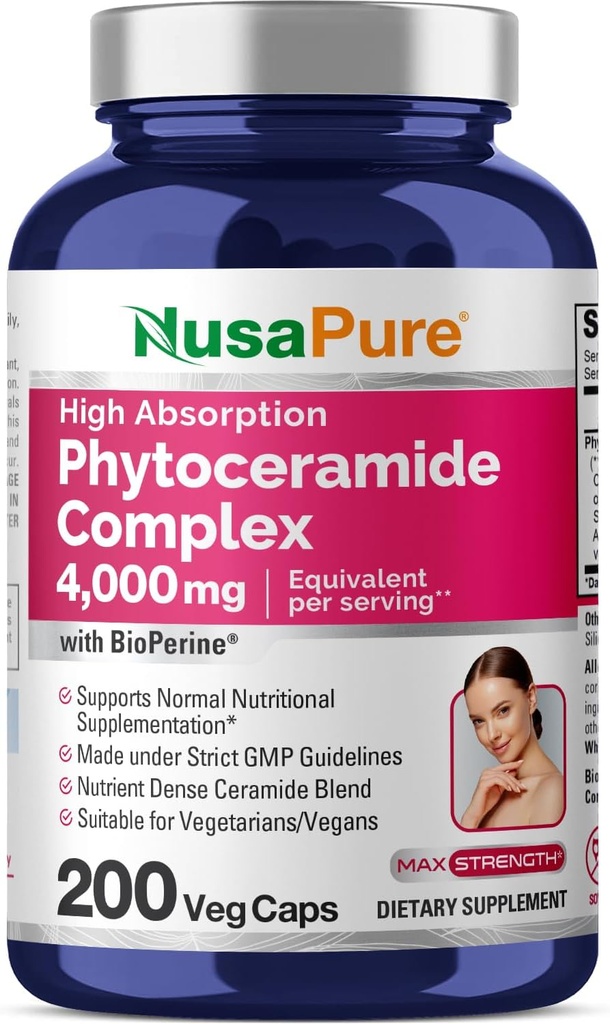 NusaPure Phytoceramide Komplex 10:1 Extrakt, 1030 mg Jämställd till 4000 mg 200 Veggie Capsules (Non-GMO) Bioperin
