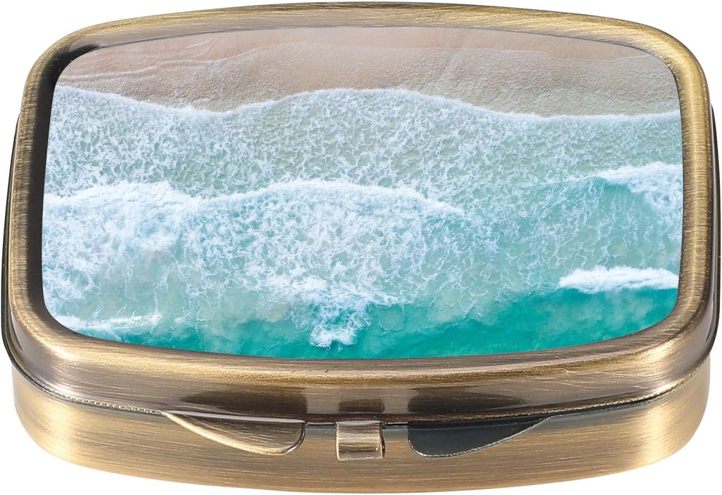 Dynippy Pill Case Pill Box with Mirror Retro Pocket 2 Compartment Medicine Case Bitamina Pill Antolatzailea Pocket Purse and Travel-erako (A-Sandy Beach)