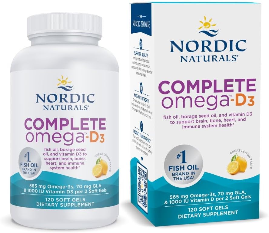 Nordic Naturals Complete Omega-D3, Lemon Flavor - 120 Soft Gels - 565 mg Omega-3 + 70 mg GLA + 1000 IU Vitamin D3 - EPA & DHA - sunn hud, kognisjon, positiv mood - ikke-GMO - 60 Services