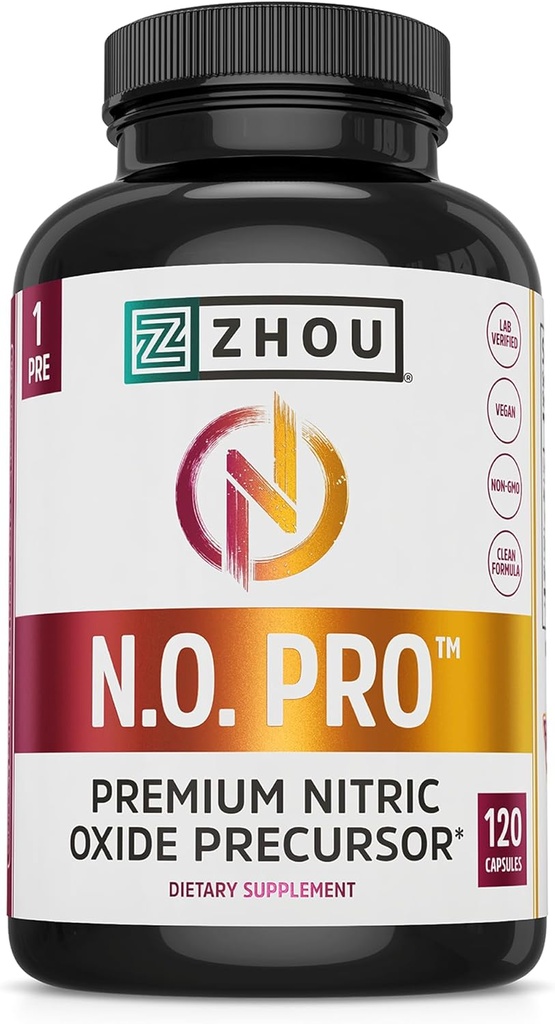 Zhou N.O. Pro - Suplemento de óxido nítrico Premium para Hombres " Mujeres, Corazón, Musculo " Apoyo a la sangre con hoja de remolacha " L Arginine, Booster de óxido nítrico natural - 120 cápsulas vegetales