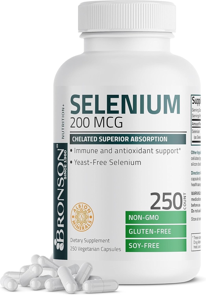 Bronson Selenium 200 mcg - Yeast Free Chelated Amino Acid Complex - Aztarna mineral esentziala Absorption Superior, 250 Vegetarian kapsulak