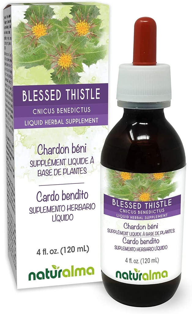 Naturalma binecuvântată Thistle sau Sfântul Thistle (Cnicus benedictus) planta cu flori Tinctură fără alcool - 4 fl oz Extract lichid în picături - Supliment vegetal - Vegan