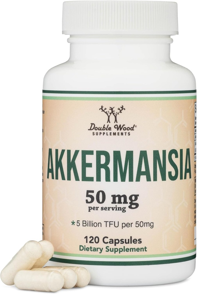 Akkermansia Probiotic and Postbiotic (Increases GLP-1 Production) 120 Capsules, 50mg per Serving (Third Party Tested to 5 billionion TFU per Serving, 50 Billion CFU per Gram) by Double Wood