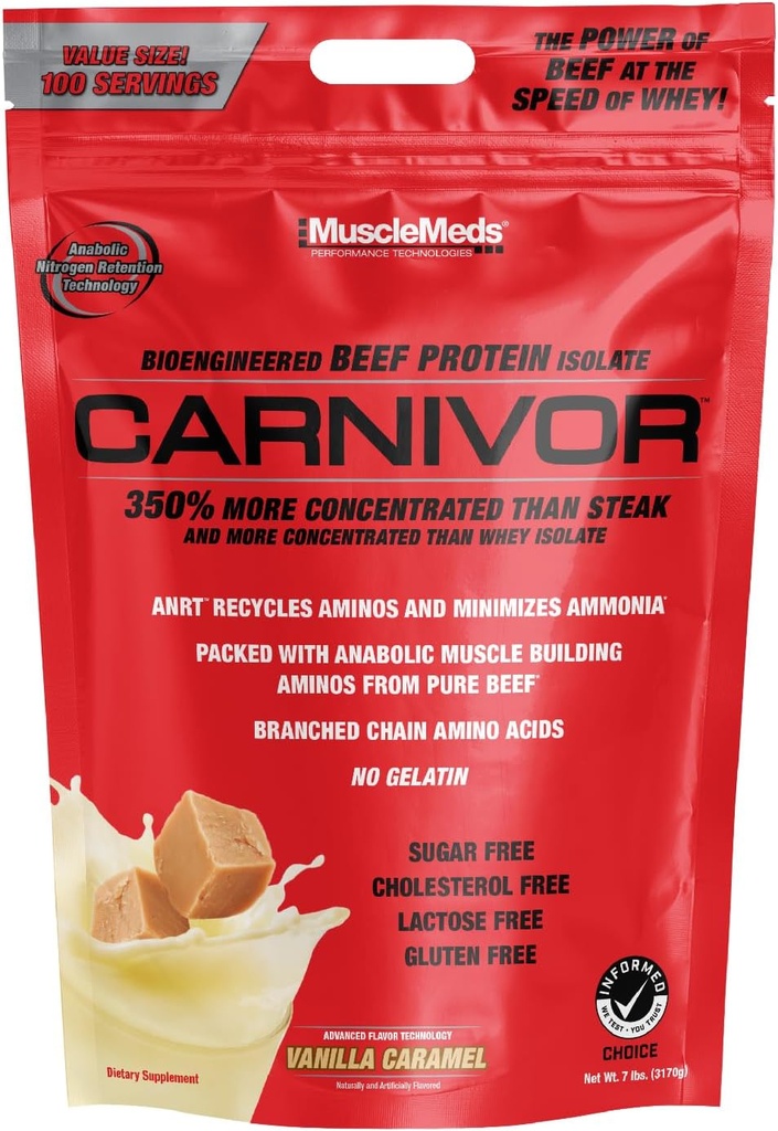 MuscleMeds Carnivor Protein Isolate Beef, 0 Laktosa, 0 Sugar, 0 Fat, 0 Cholesterol, Halal Cerfied, Vanilla Caramel, 7 Lb, 100 Servis