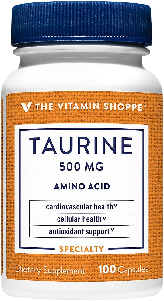 La vitamina Shoppe Taurine 500MG, Aminoacido di forma libera, antiossidante che supporta la salute cellulare e cardiovascolare con vitamina B6, cervello e supporto di memoria (100 capsule)