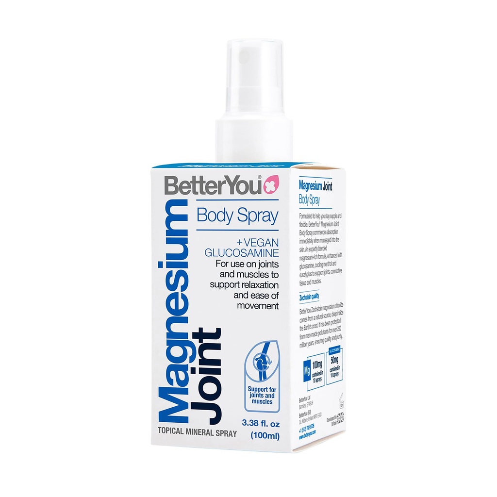 BetterYou Magnesium Joint Body Spray - Muscle Relief Spray - Topical Magnesium Chloride and Glucosamine - Cooling Menthol and Eucalyptus - 3.38 oz