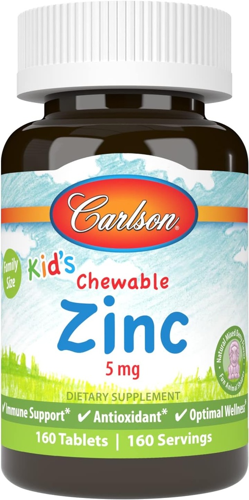Carlson - Kid 's Chewable Zink, 5 mg, Health Support, Natural Mixed Berry Flavor, 160 tabletter